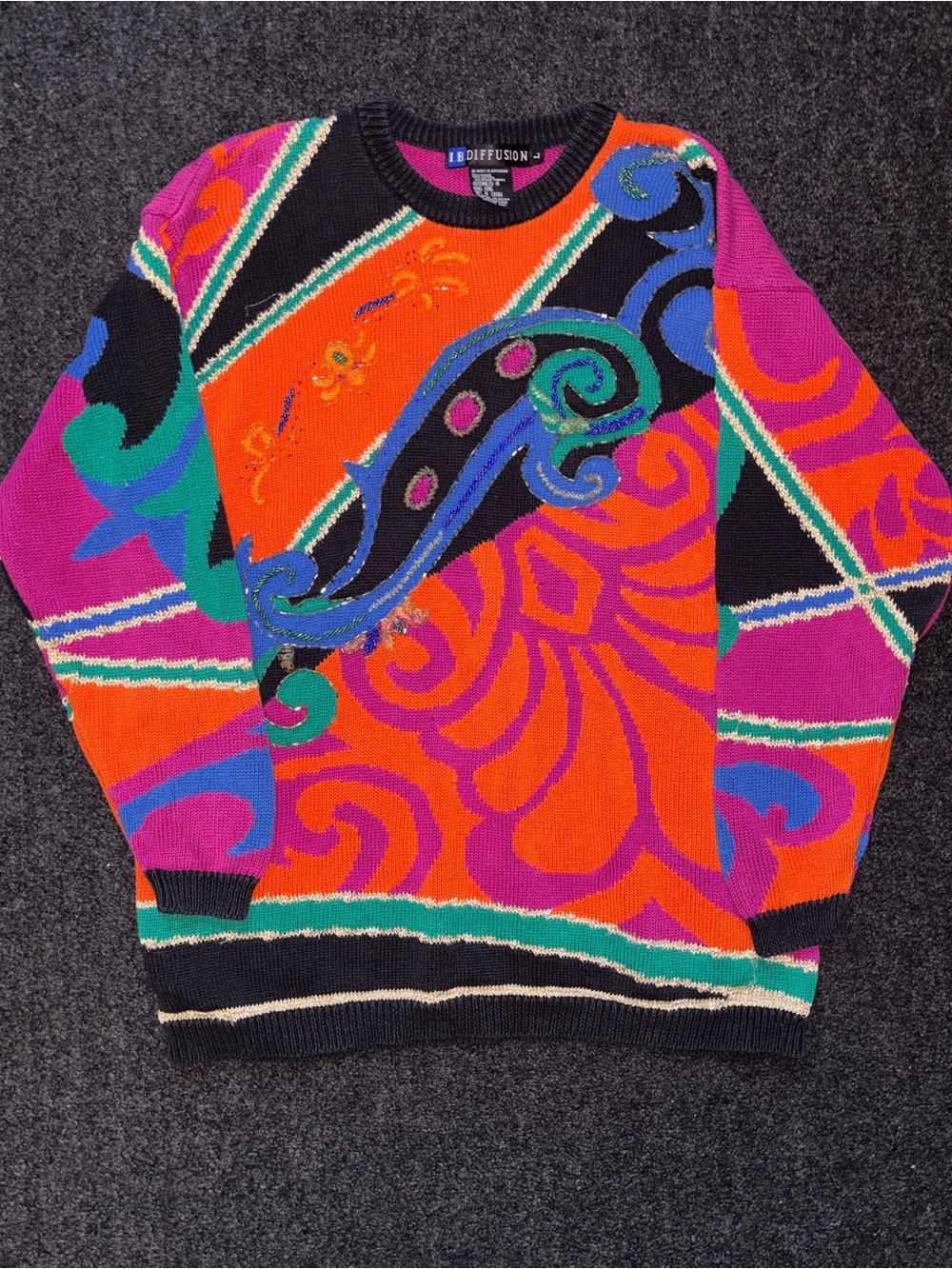 Vtg 90s IB Diffusion Beaded Color Block Sweater Sz L Abstract Colorful Kidcore